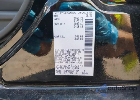 2024 Nissan Altima Sv Fwd z USA, uszkodzony, nr VIN 1N4BL4DV2RN315174